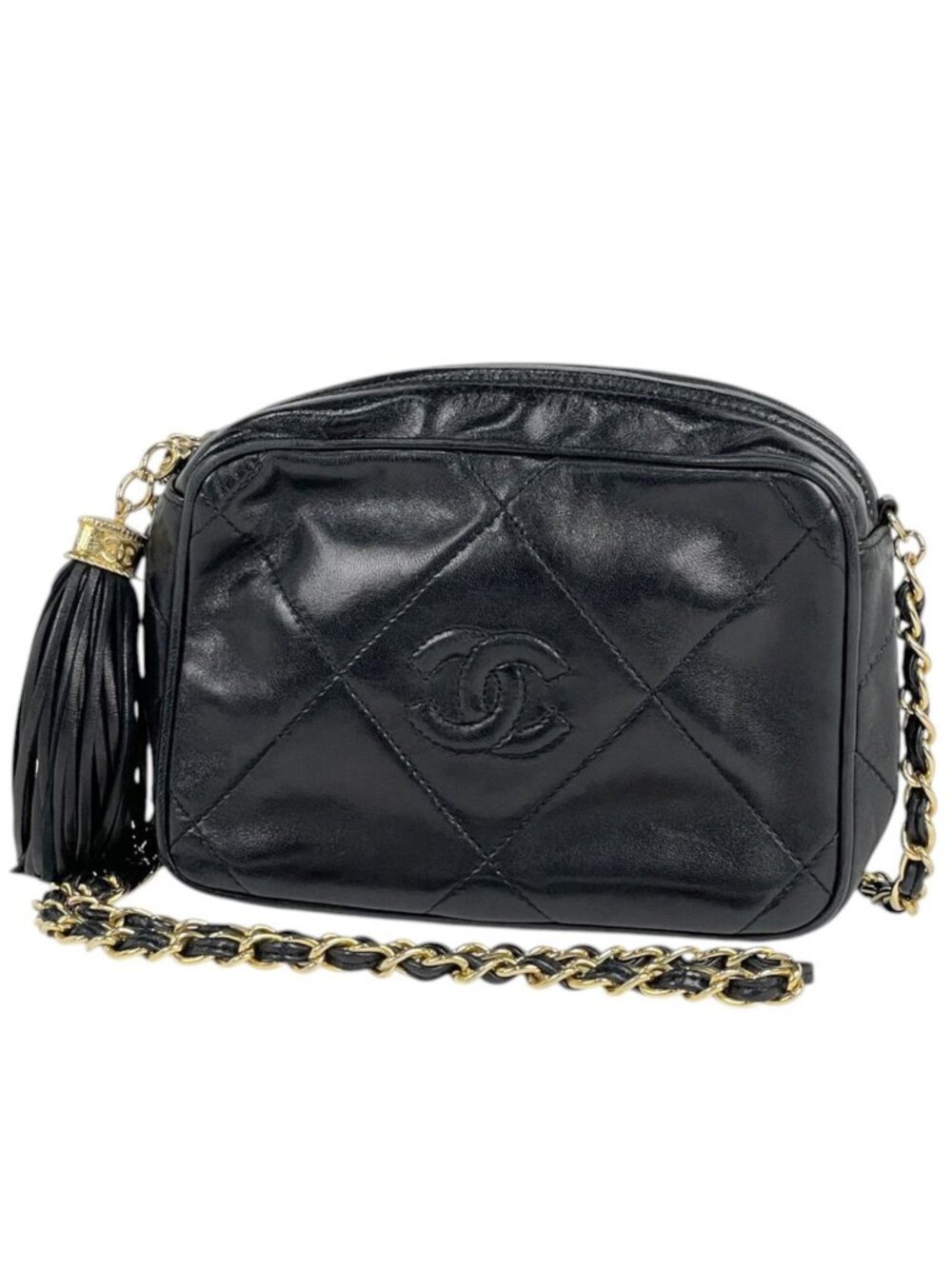 Chanel Shoulder Bag CC Logo Fringe Tassel Leather Black